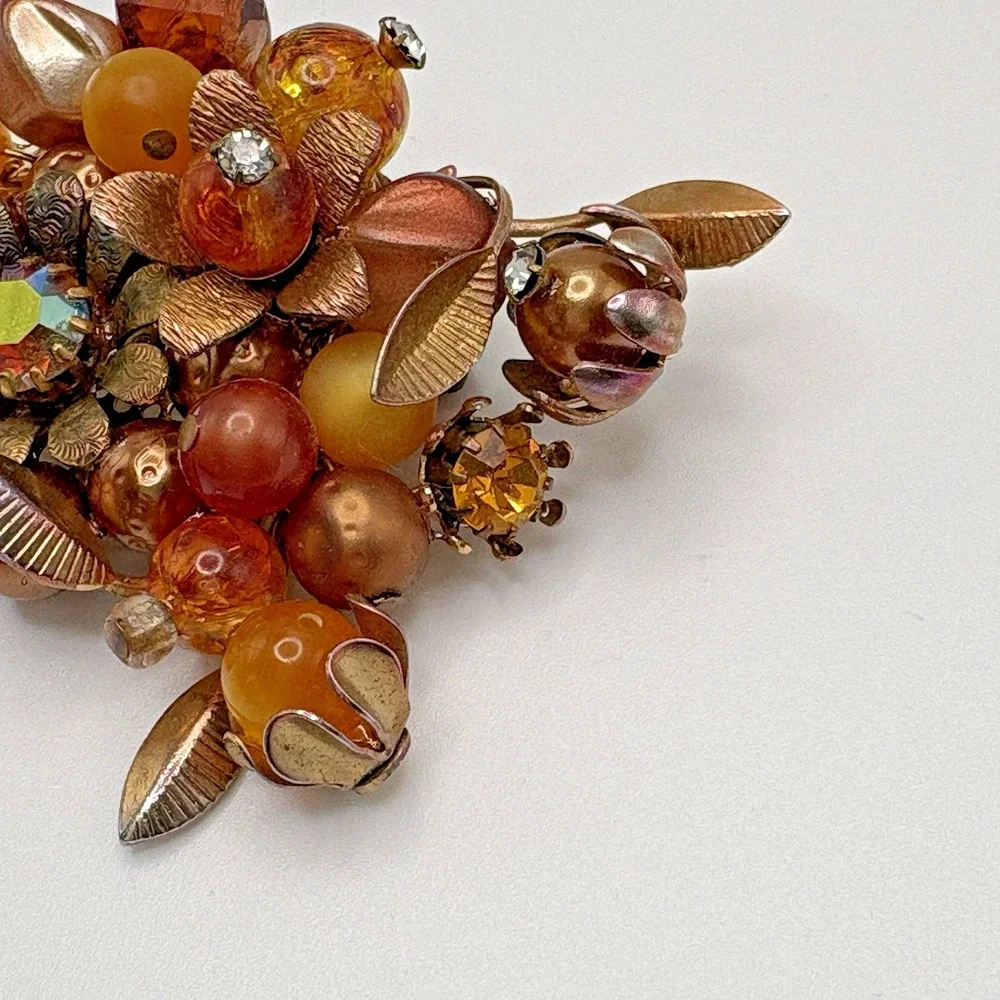 Vintage Brooch Flower AB Artglass Honey Bronze Thermoset Rhinestone MCM